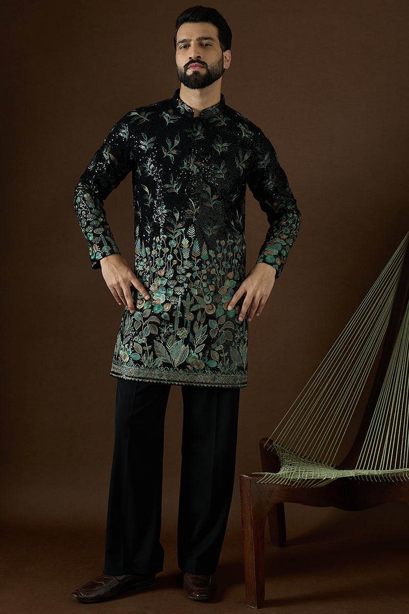 Black Silk Blend Solid Embroidered Straight Kurta Sets