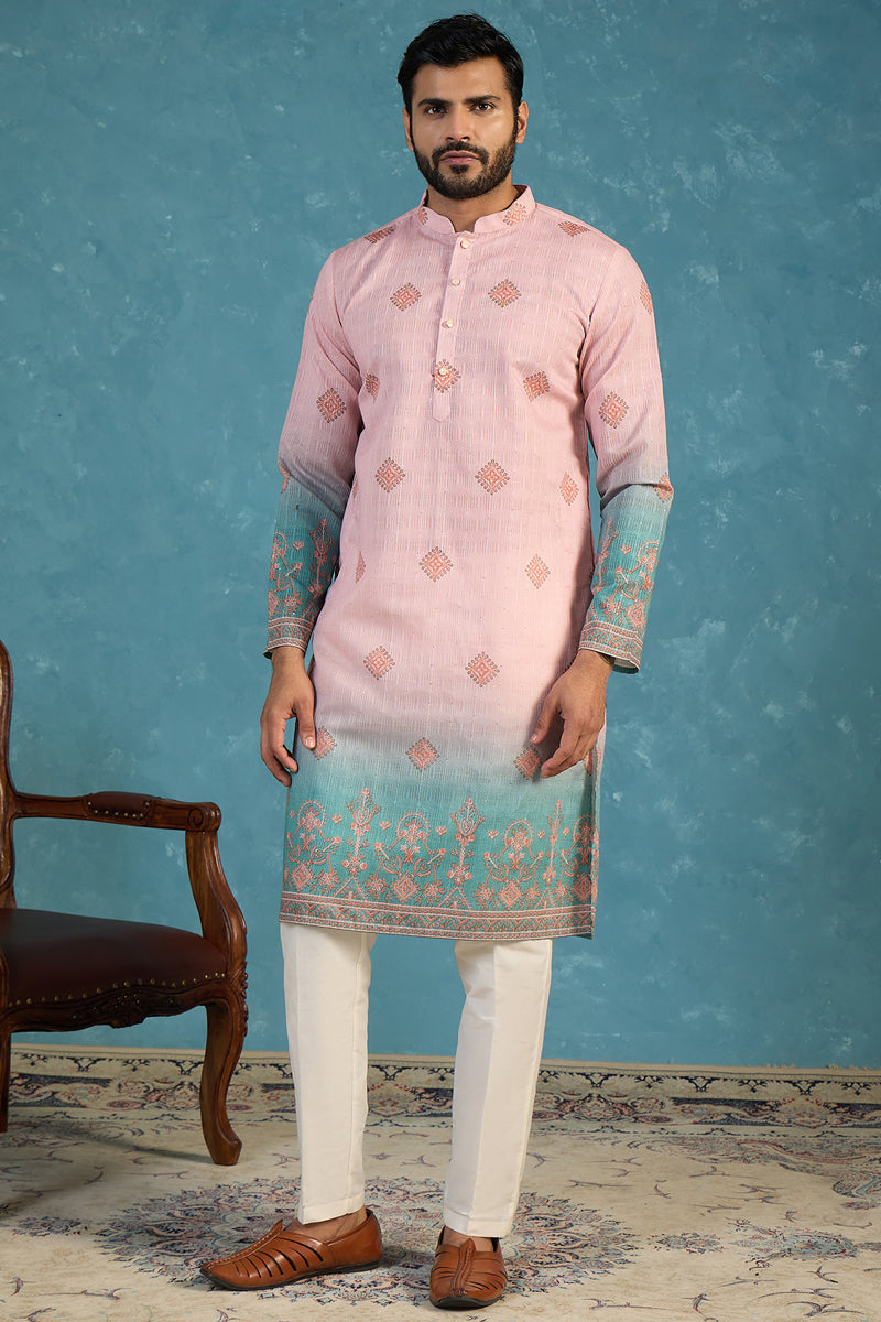 Mens Peach Silk Blend Woven Design Calf Length Straight Regular Kurta With Trouser MKSET2348