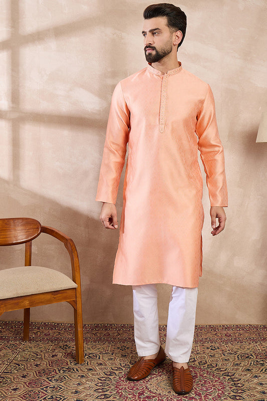 Peach Silk Blend Solid Embroidered Straight Kurta With Trouser MKSET1840