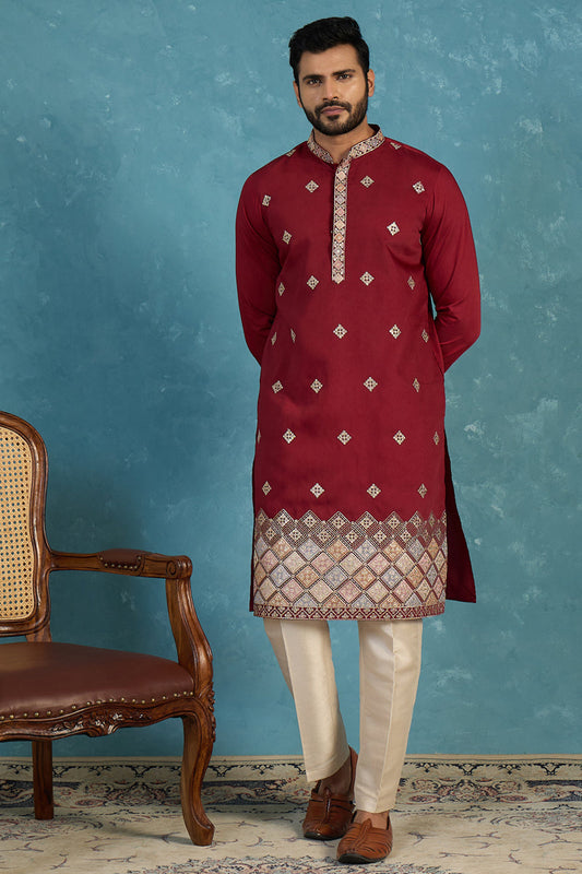 Silk Blend Maroon Solid Embroidered Calf Length Straight Kurta With Trousers MKSET2100