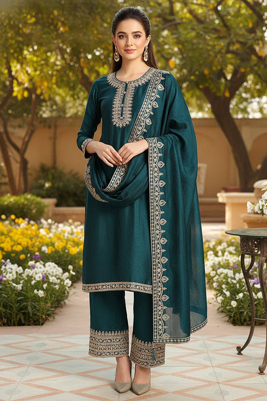 green silk blend solid embroidered straight suit set pkskd2261