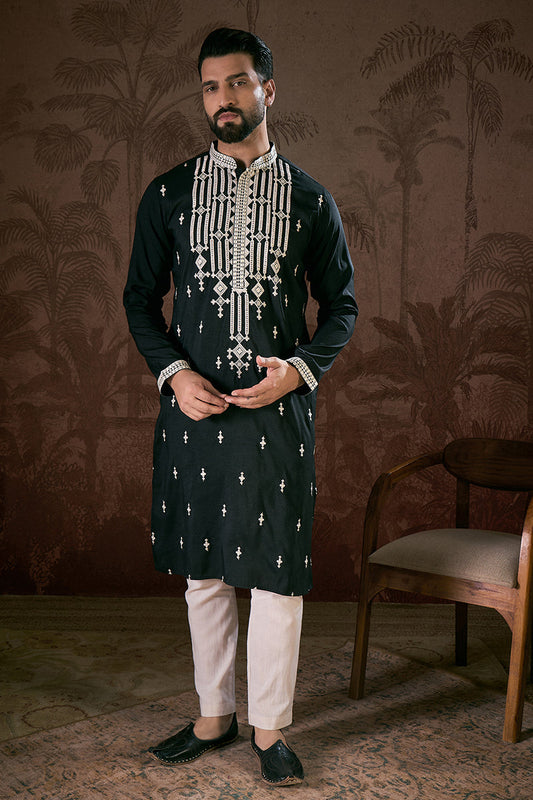 Black Silk Blend Solid Embroidered Straight Kurta MKU1885