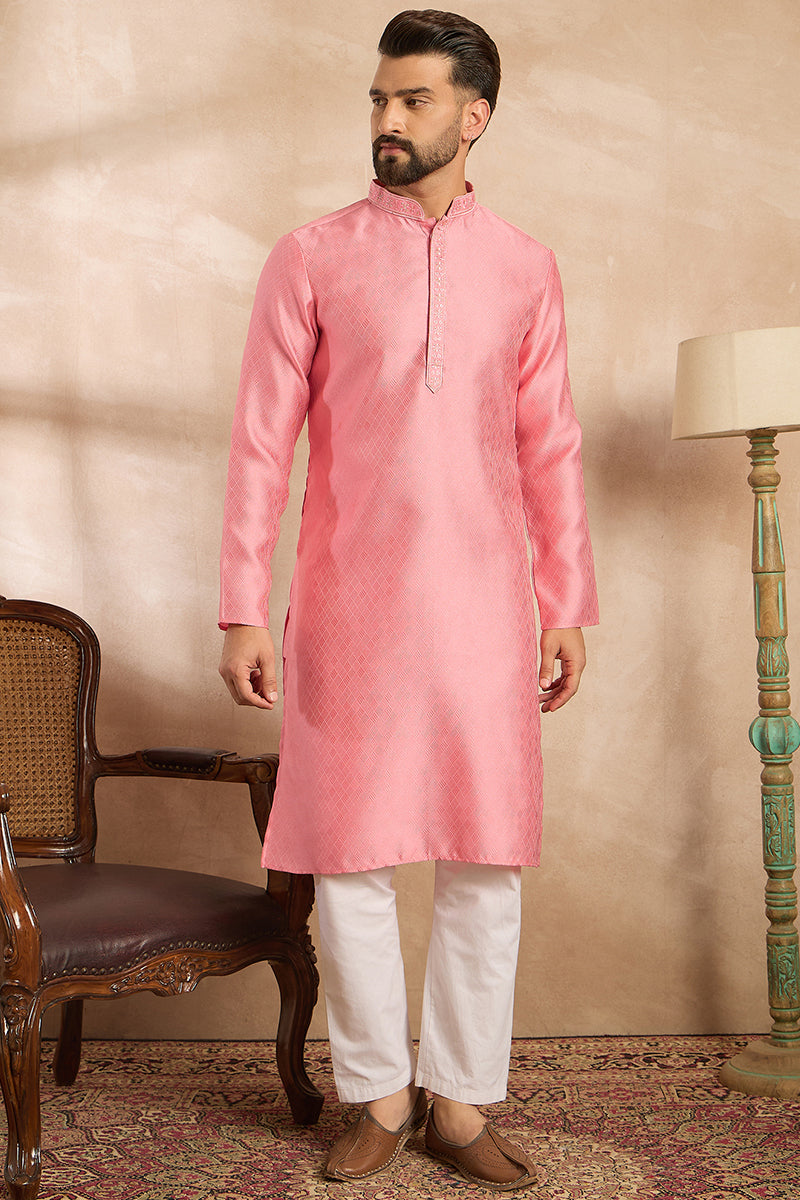 Pink Polyester Solid Embroidered Straight Kurta With Trouser MKSET1842