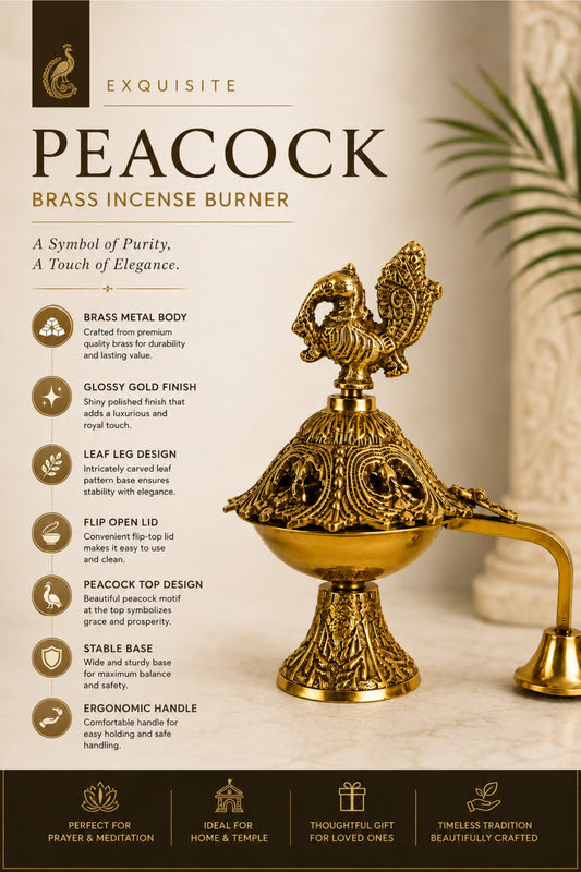 premium peacock brass incense burner with handle handcrafted brass dhoop dani for sambrani loban dhoop cups resin incense decorative pooja dhuni burner for home temple
