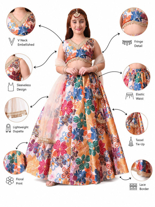 Indi Loom Couture Girls Cream Multi Floral Printed Lehenga Choli with Dupatta ILLCD33