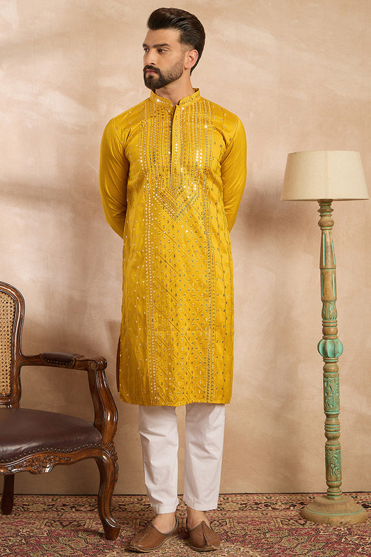 Yellow Silk Blend Geometric Embroidered Straight Kurta With Trouser MKSET1688