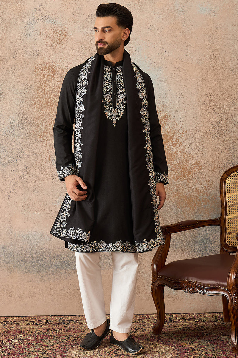 Mens Black Silk Blend Solid Embroidered Kurta With Dupatta MKUD1043