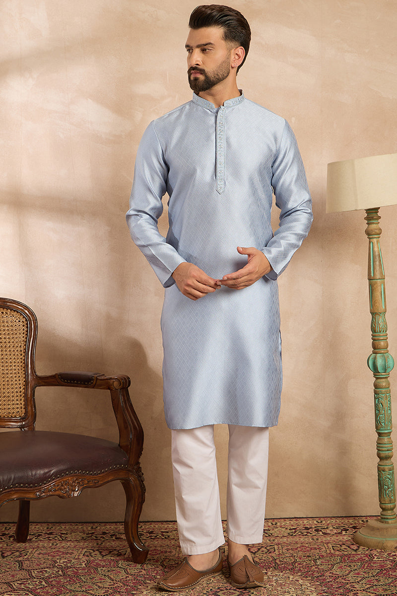 Blue Polyester Solid Embroidered Straight Kurta With Trouser MKSET1841