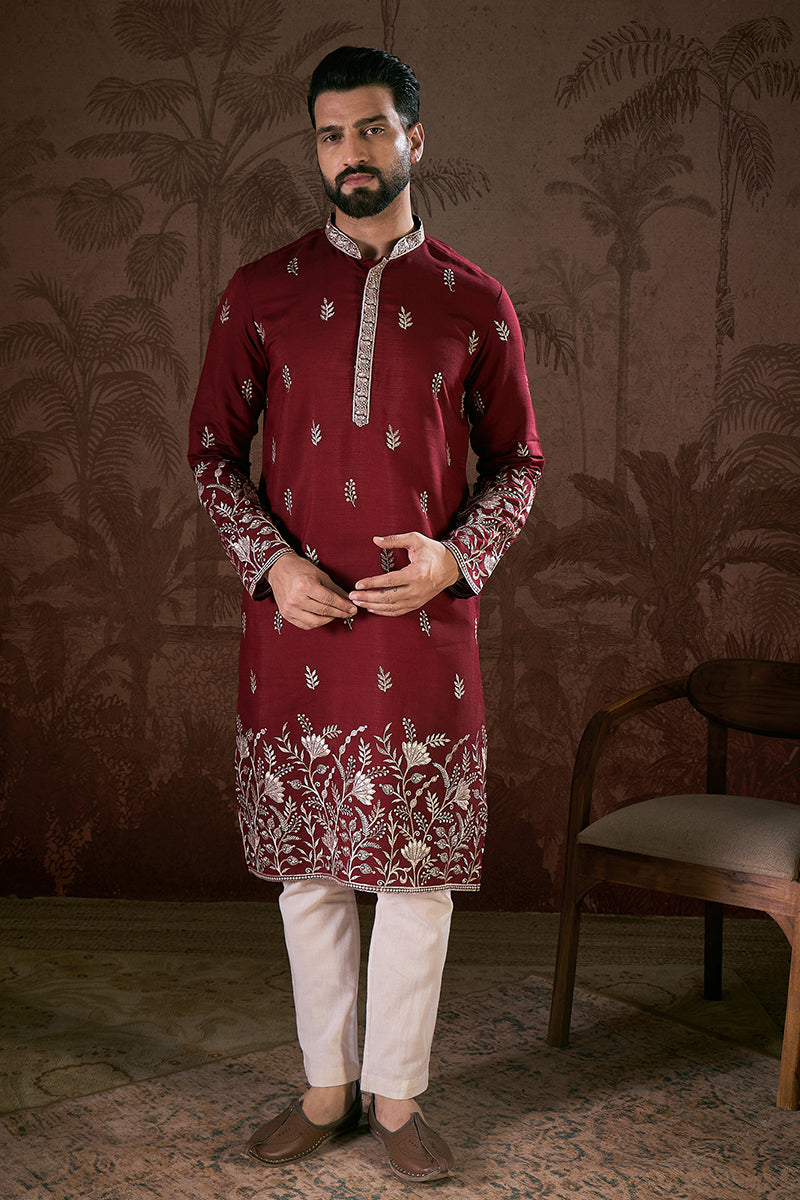 Maroon Silk Blend Solid Embroidered Straight Kurta With Trouser MKSET1945