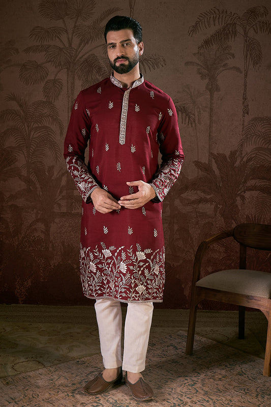 Maroon Silk Blend Solid Embroidered Straight Kurta With Trouser MKSET1945