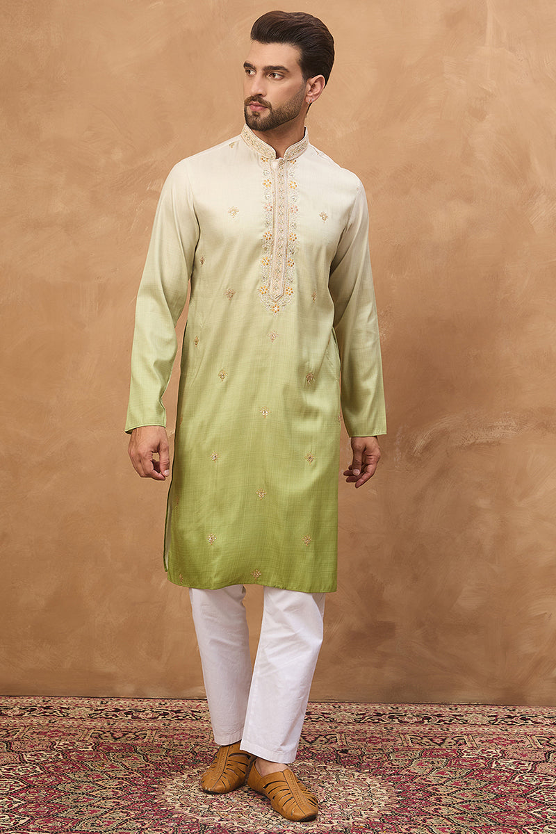 Green Silk Blend Solid Embroidered Straight Kurta MKU1488