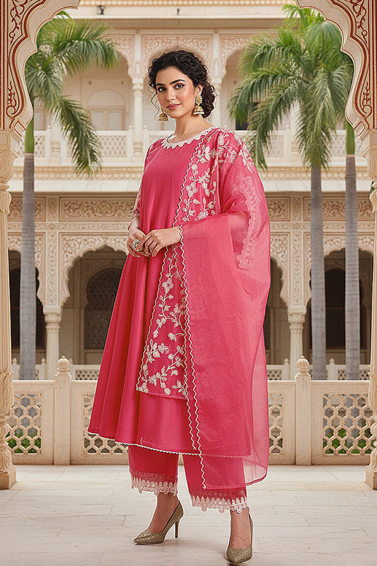 pink silk blend solid embroidered flared suit set pkskd2071