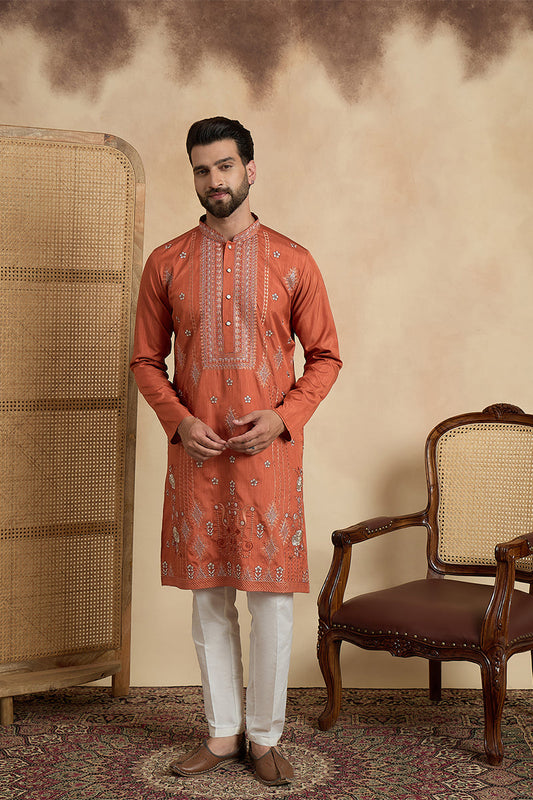 Mens Orange Silk Blend Solid Embroidered Straight Kurta With Trouser MKSET2524