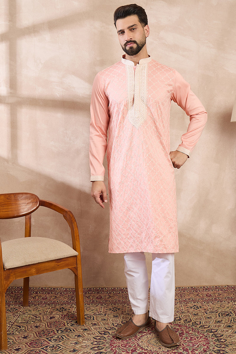 Pink Silk Blend Ethnic Motifs Embroidered Straight Kurta With Trouser MKSET1692