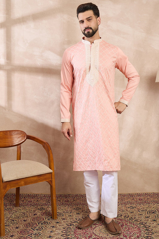Pink Silk Blend Ethnic Motifs Embroidered Straight Kurta With Trouser MKSET1692