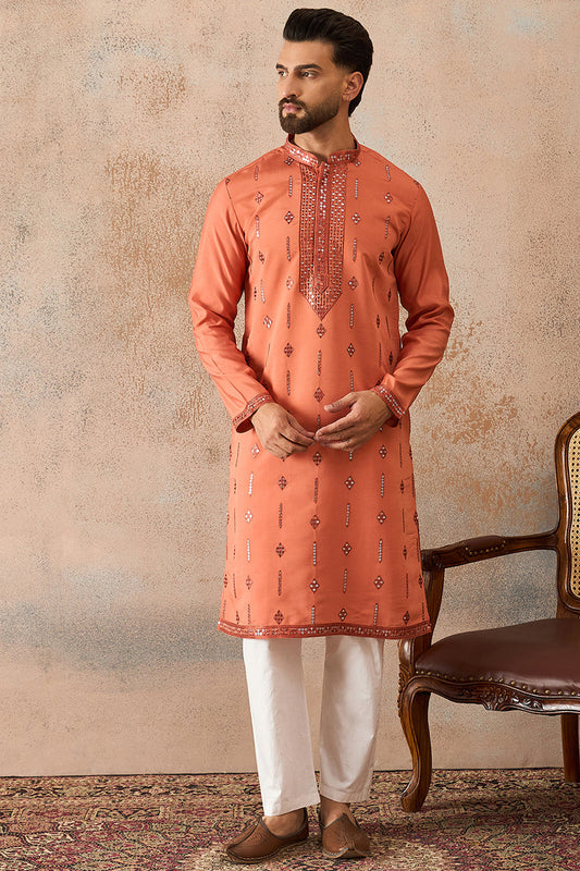 Mens Orange Silk Blend Solid Embroidered Kurta With Trouser MKSET2258