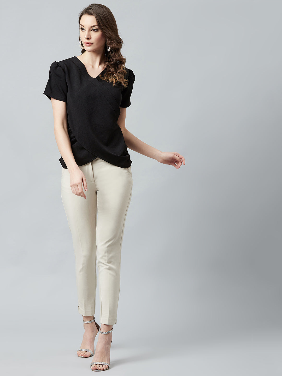 athena black wrap top with puffed sleeves