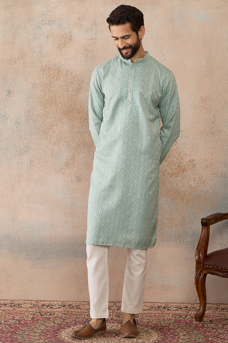Mens Green Linen Blend Geometric Woven Design Kurta MKU2365