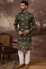 green silk blend solid embroidered straight kurta