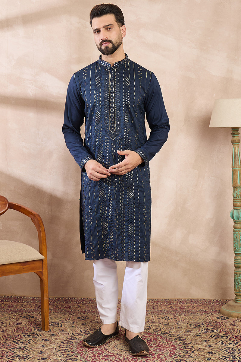 Blue Silk Blend Geometric Embroidered Straight Kurta With Trouser MKSET1890