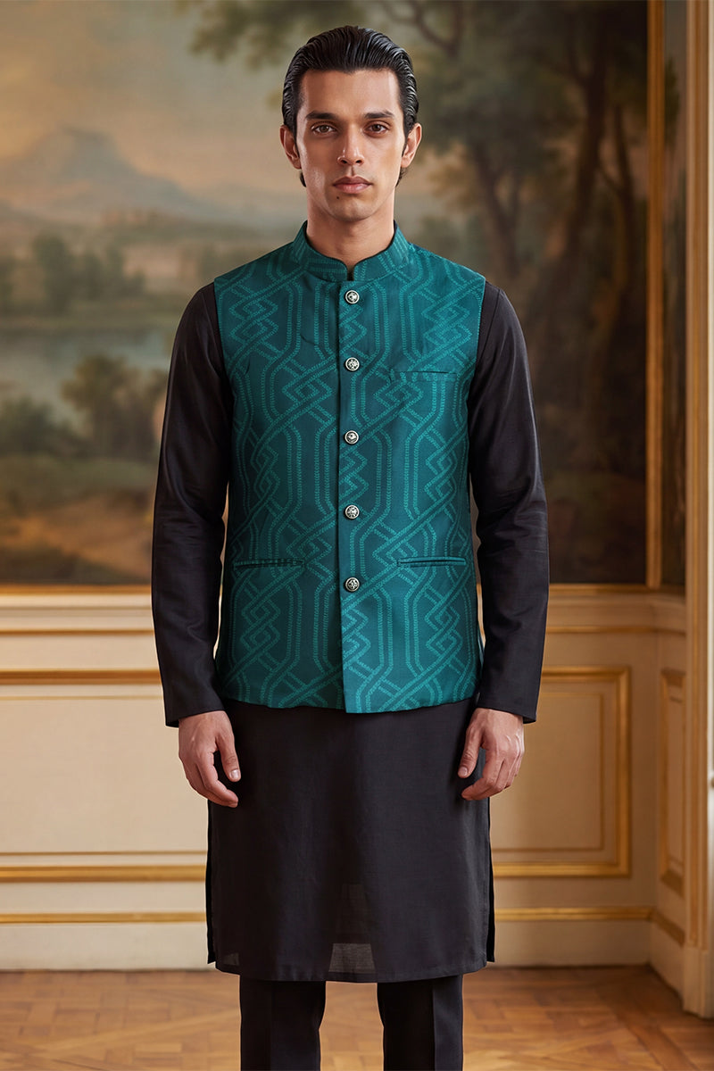 Mens Green Jacquard Woven Design Solid Koti MKOT1044