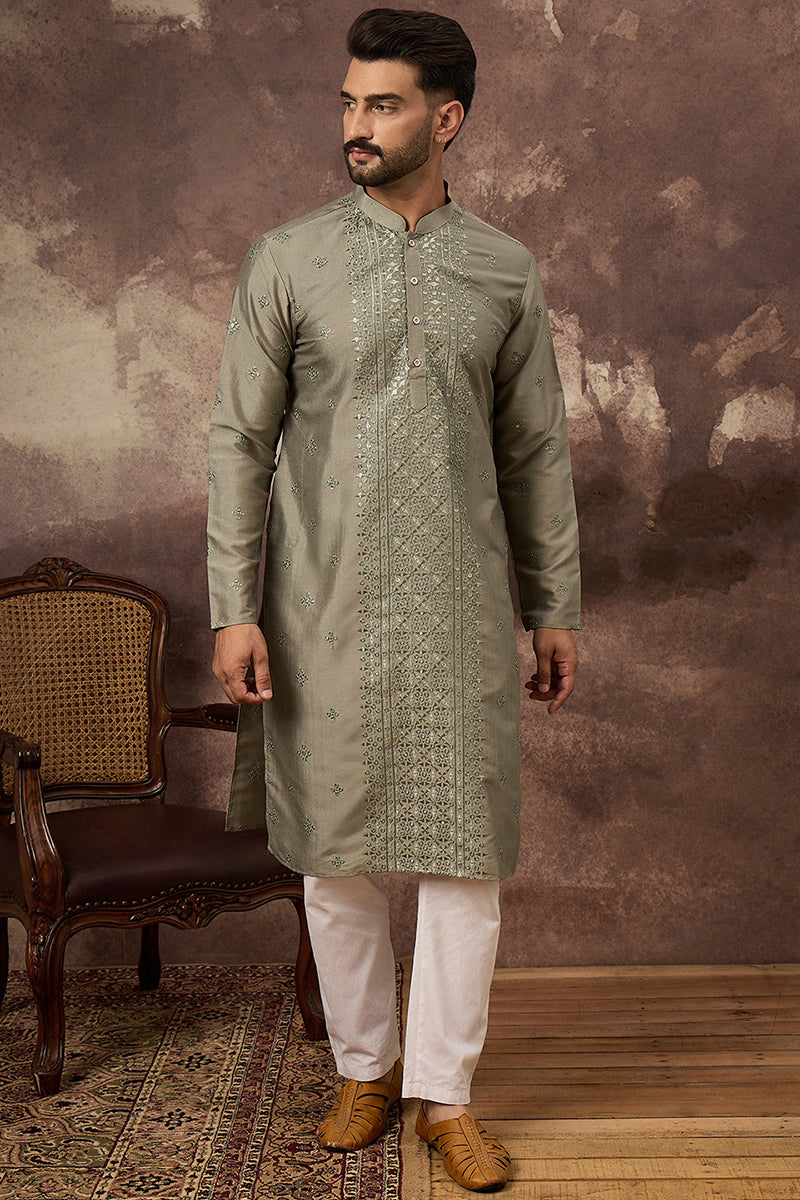 Mavue Silk Blend Solid Embroidered Straight Kurta with Trouser