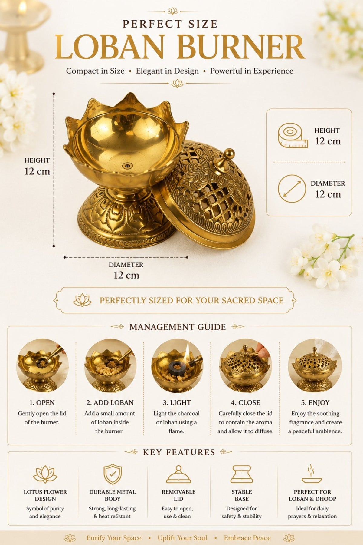 premium brass lotus loban burner with removable lid handcrafted brass dhoop dani for loban sambrani cups bakhoor resin incense dhoop decorative incense burner for home temple meditation gifting