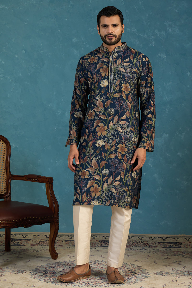 Mens Blue Modal Floral Printed Calf Length Straight Regular Kurta With Trouser MKSET1978