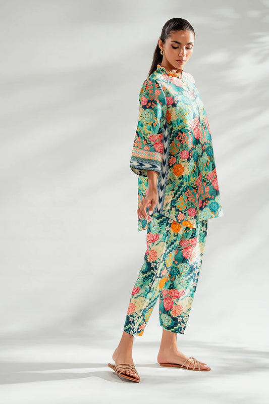 Women's Neck Embroidery Raw Silk Blend Co-Ords