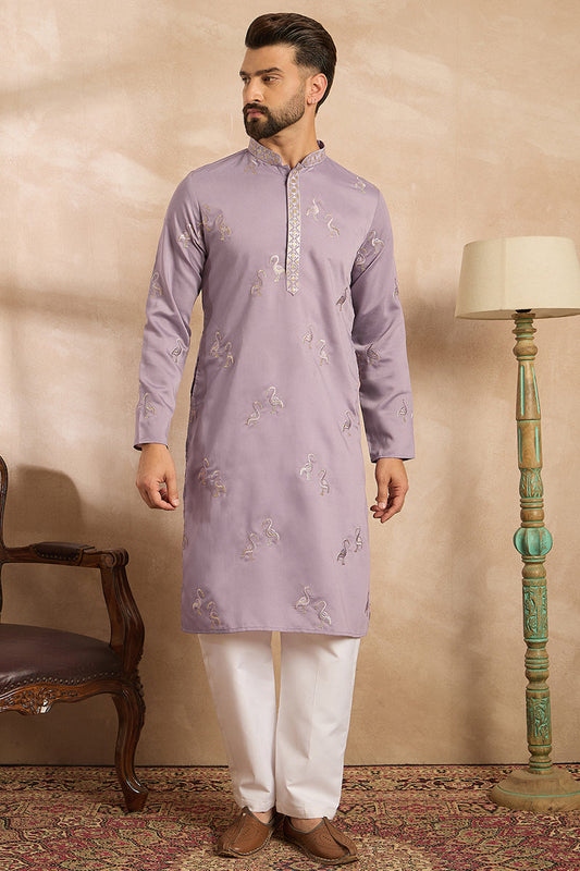 Lavender Silk Blend Solid Embroidered Straight Kurta With Trouser MKSET1815