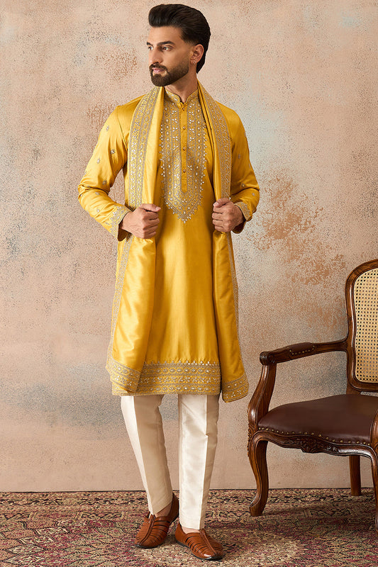 Mens Yellow Silk Blend Solid Embroidered Kurta With Dupatta MKUD1026