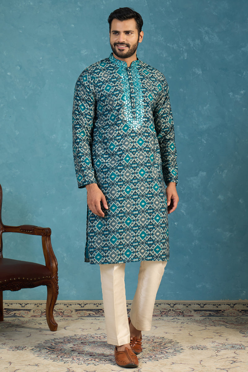 Mens Sea Green Silk Blend Ethnic Motifs Ikat Printed Kurta