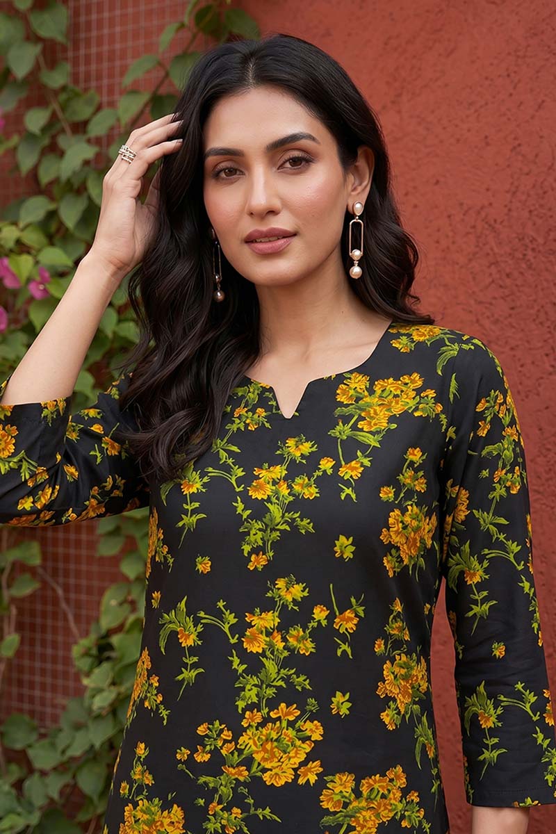 rayon black floral digital printed regular kurta vck9822