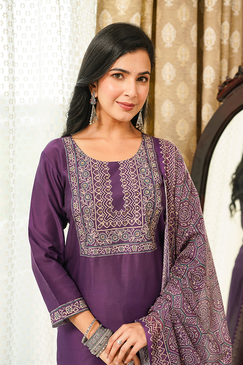 purple rayon blend ajrakh printed straight kurta trousers with dupatta 