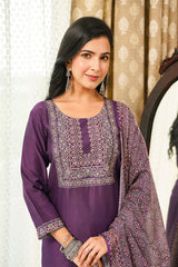 purple rayon blend ajrakh printed straight kurta trousers with dupatta 