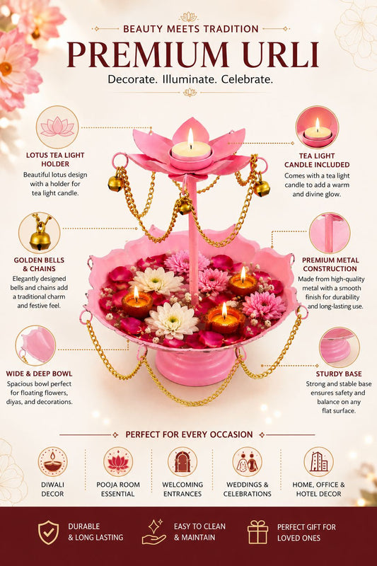 pink metal urli bowl with diya stand hanging chain design for floating flowers candles decorative centerpiece for diwali wedding home decor festive gifting