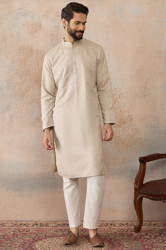 Mens Beige Linen Blend Geometric Woven Design Kurta MKU2364