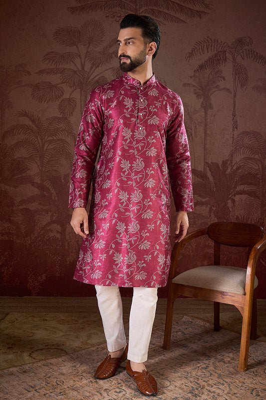 Red Silk Blend Floral Printed Straight Kurta With Trouser MKSET1975
