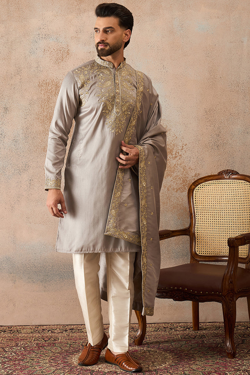 Men Grey Silk Blend Embroidered Ethnic Kurta with Dupatta MKUD1044