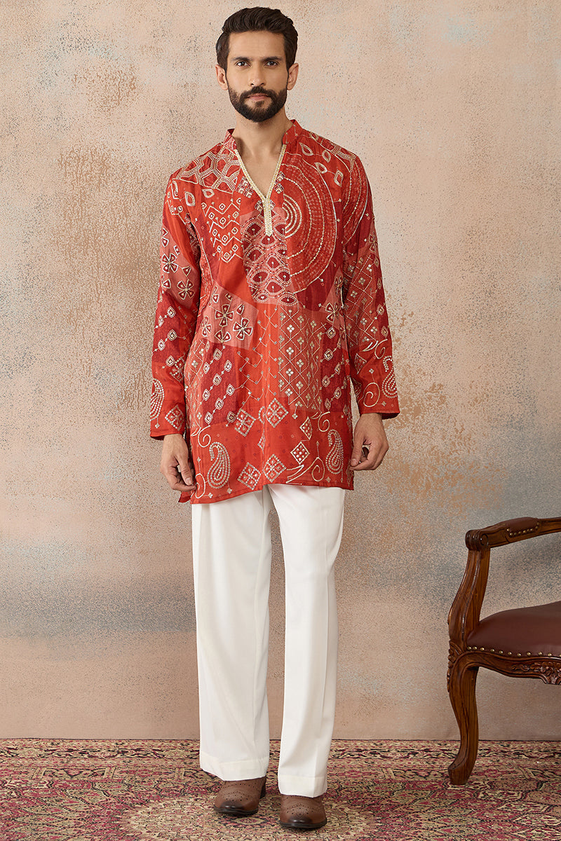 Mens Orange Modal Ethnic Motifs Printed Kurta
