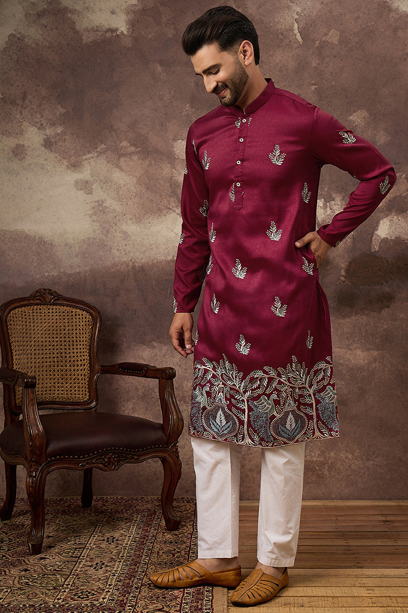 maroon silk blend solid embroidered straight kurta with trouser