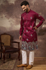maroon silk blend solid embroidered straight kurta with trouser