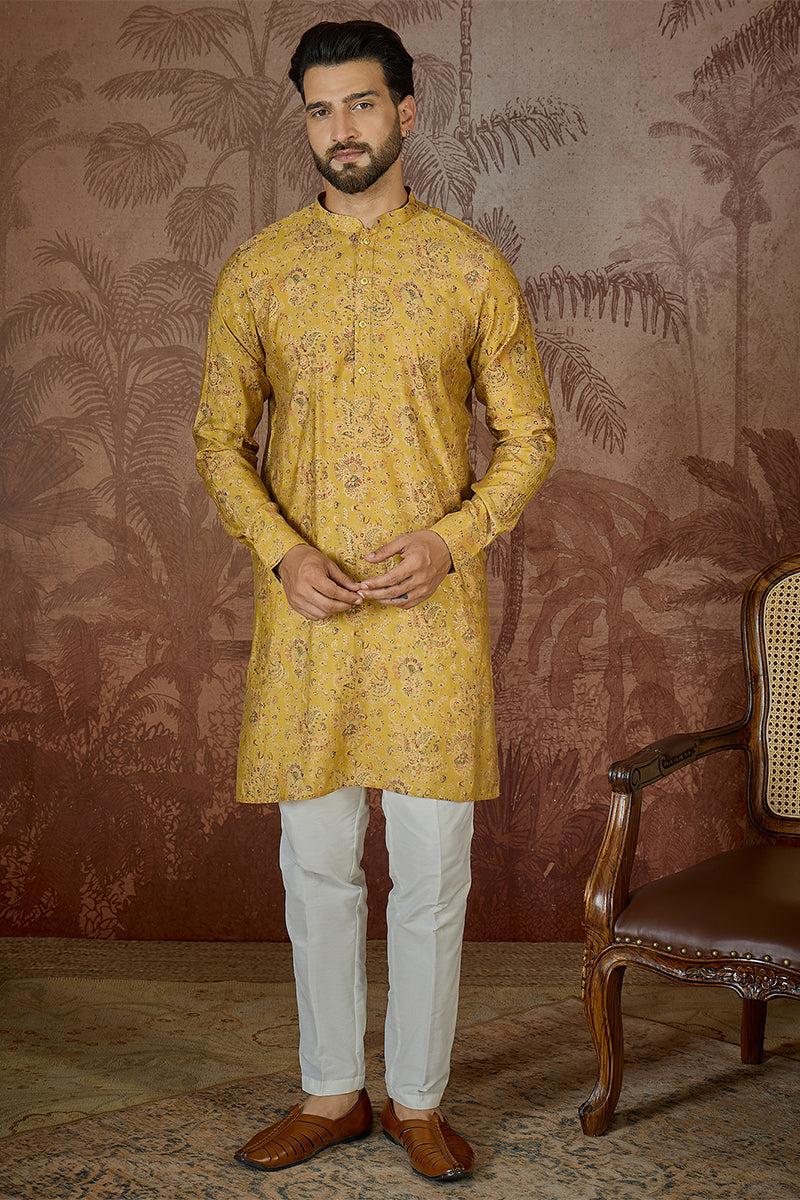 Mens Mustard Silk Blend Ethnic Motifs Printed Kurta With Trouser MKSET2559