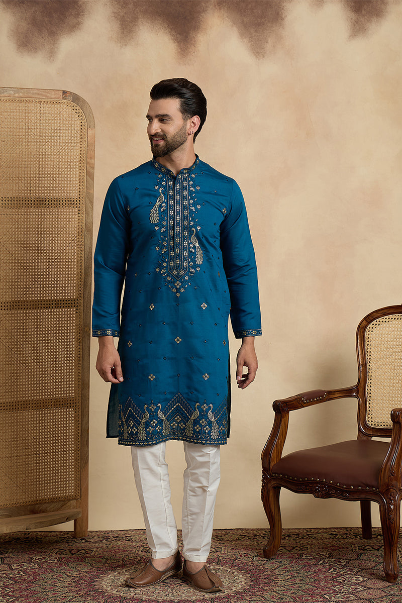 Mens Teal Silk Blend Solid Embroidered Thread Work Kurta MKU2443