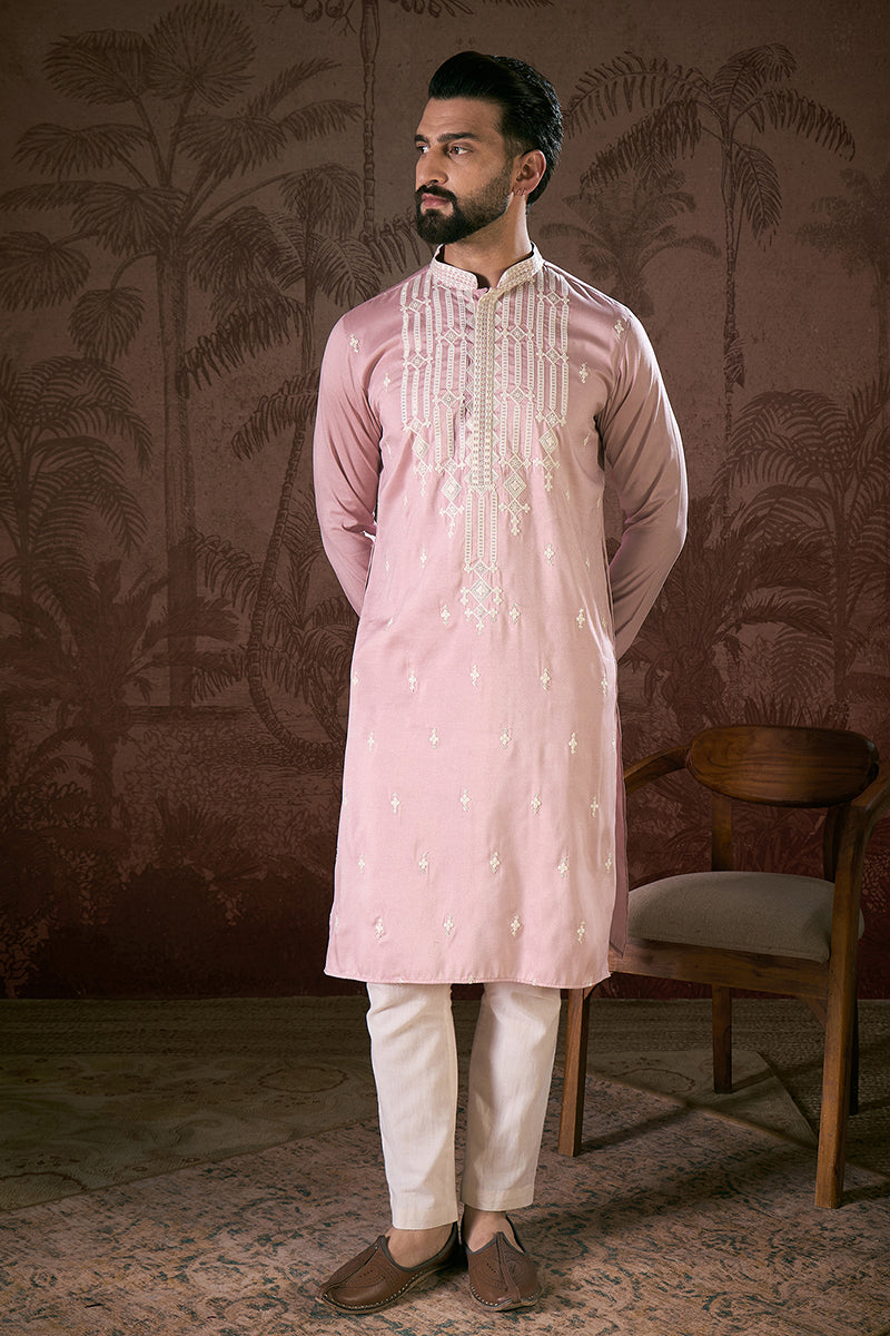 Pink Silk Blend Solid Embroidered Straight Kurta With Trouser MKSET1788