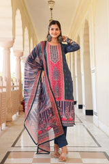 blue rayon blend ethnic motifs printed straight kurta trouser with dupatta 