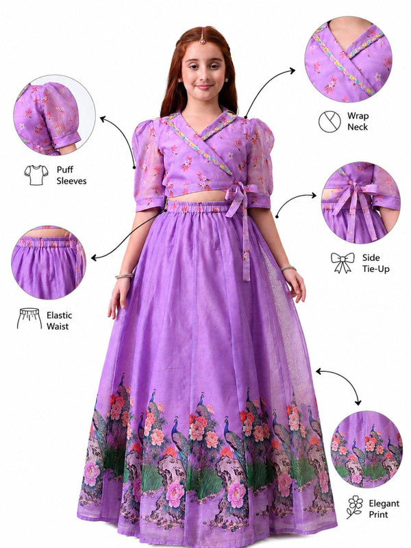 Indi Loom Couture Girls Lavender Printed Wrap Top with Flared Ethnic Skirt Co Ord Set ILLC49