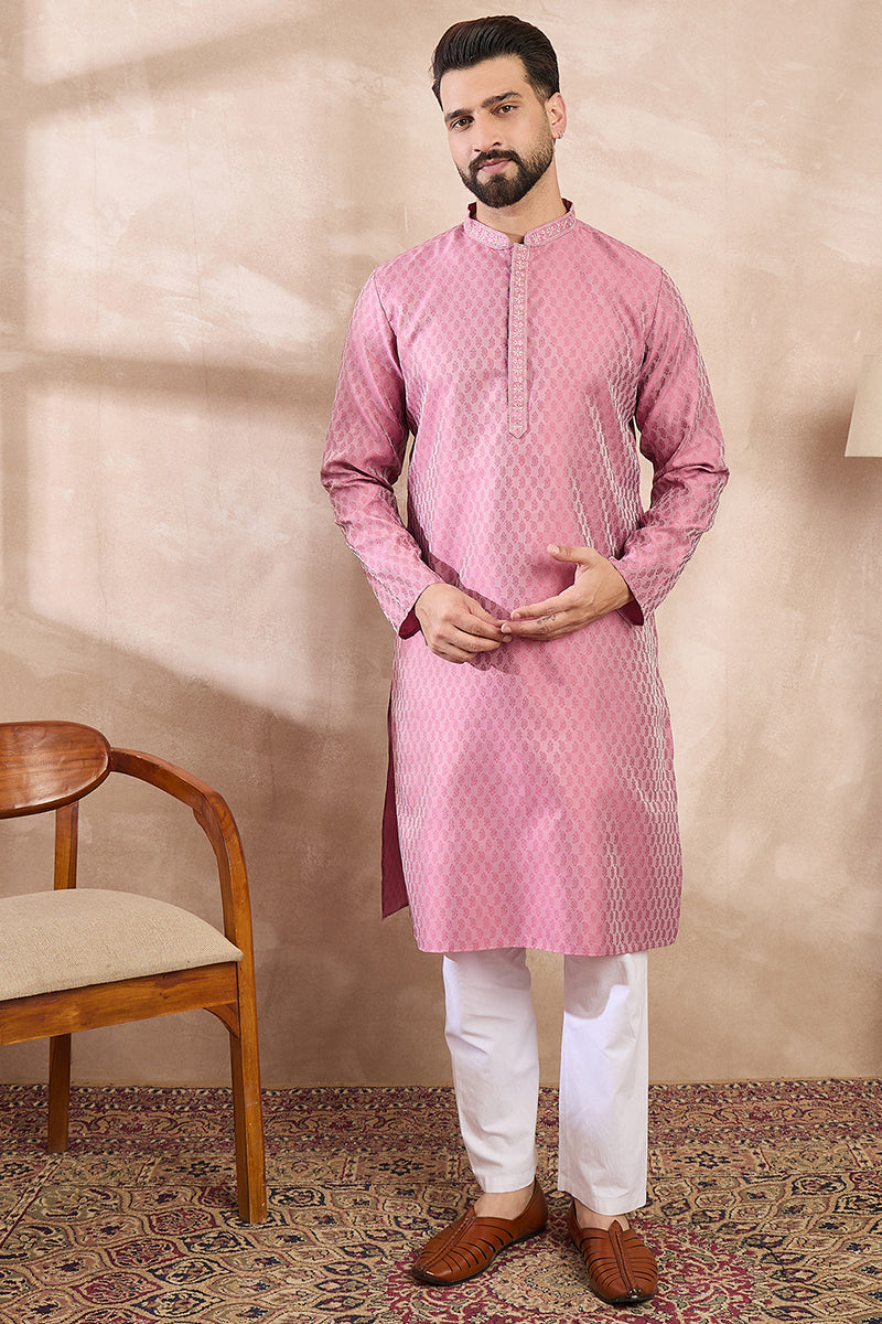 Pink Silk Blend Solid Woven Design Straight Kurta With Trouser MKSET1898