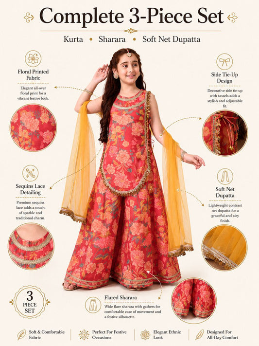 Indi Loom Couture Girls Multi Floral Printed Kurta with Sharara & Dupatta Set ILKSD73