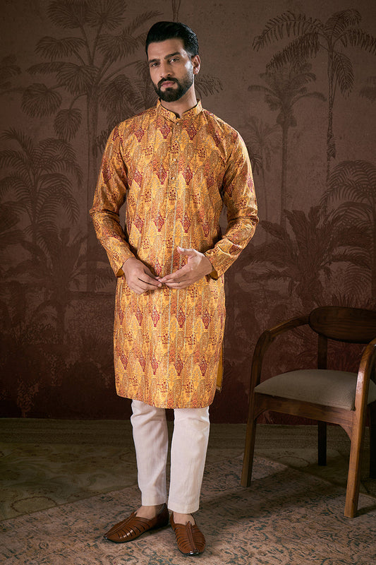 Mustard Silk Blend Ethnic Motifs Printed Straight Kurta With Trouser MKSET1925